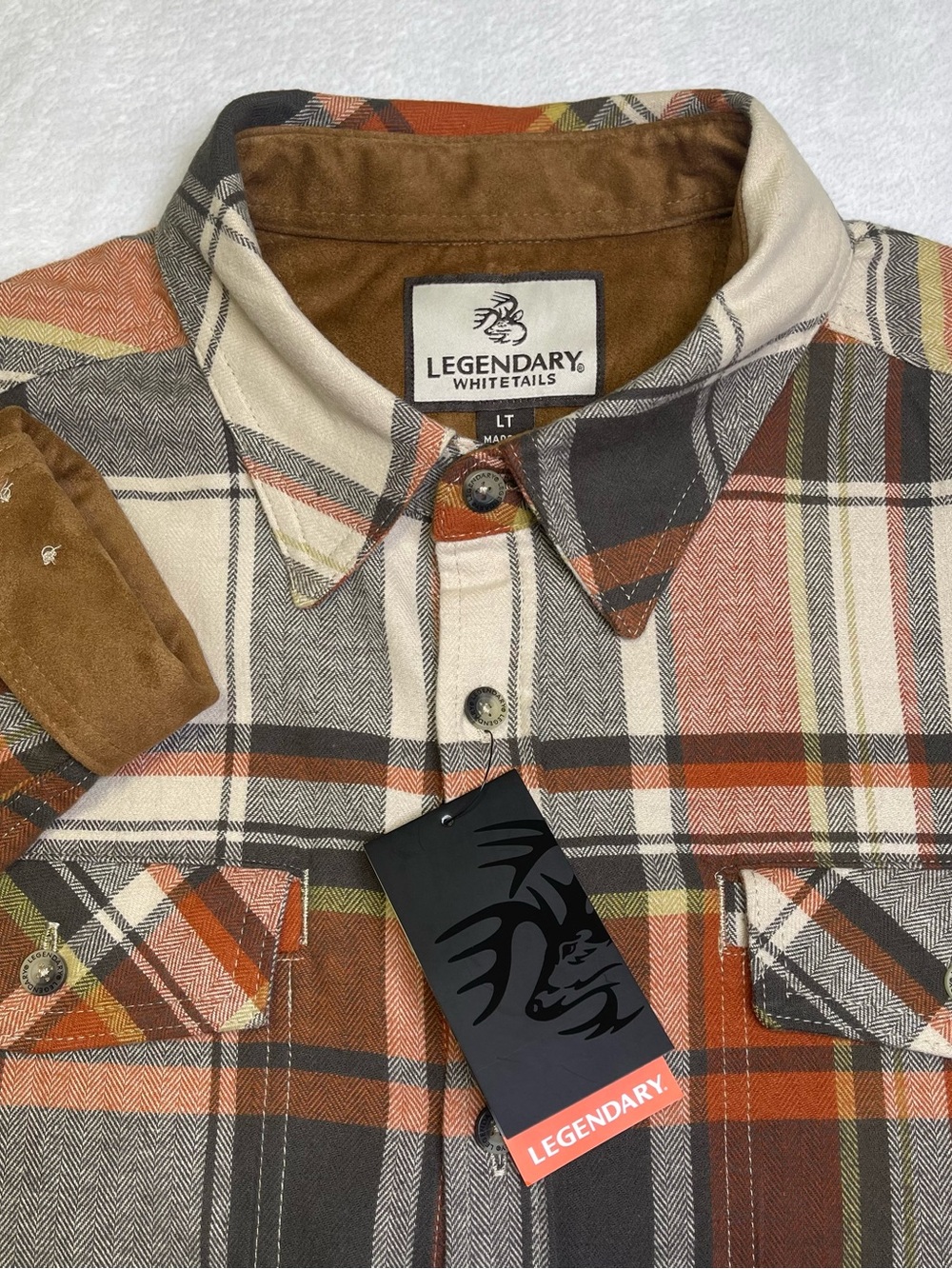 NWT Legendary Whitetails Large Tall Orange Brown Grey Plaid Flannel Shirt LT
